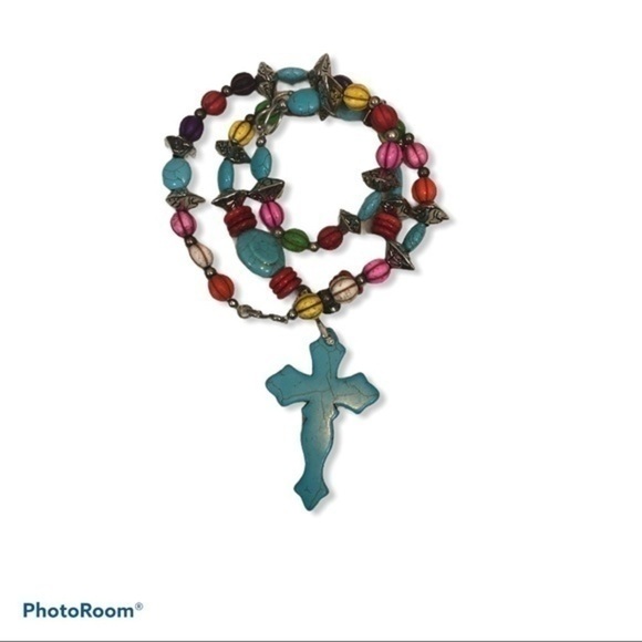 Artisan Art Deco Boho Beaded Turquoise Cross Necklace & Bracelet - Picture 6 of 12
